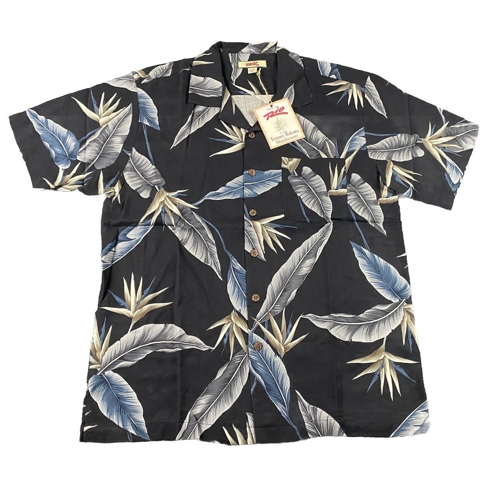 Rio 100% Silk Camp Shirt Men's L Black Floral Tropical Short Sleeve Button Up